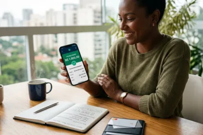 Consumidora com smartphone exibindo confirmação de empréstimo de 1000 reais na hora via Pix na mesa de trabalho