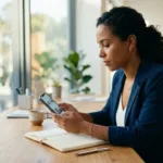Pessoa utilizando smartphone em mesa de escritório para simular empréstimo de 500 reais na hora via Pix