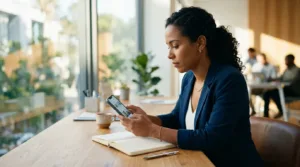 Pessoa utilizando smartphone em mesa de escritório para simular empréstimo de 500 reais na hora via Pix
