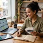 Empreendedora autônoma analisando extratos bancários e crédito no laptop em seu estúdio de trabalho