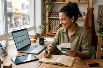 Empreendedora autônoma analisando extratos bancários e crédito no laptop em seu estúdio de trabalho