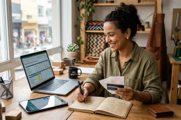 Empreendedora autônoma analisando extratos bancários e crédito no laptop em seu estúdio de trabalho