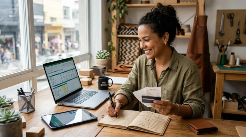 Empreendedora autônoma analisando extratos bancários e crédito no laptop em seu estúdio de trabalho