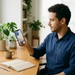 Profissional brasileiro simulando empréstimo de 300 reais no pix pelo smartphone em escritório moderno