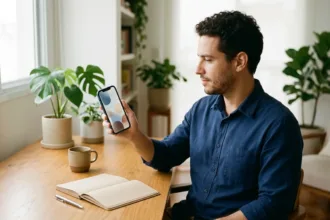 Profissional brasileiro simulando empréstimo de 300 reais no pix pelo smartphone em escritório moderno