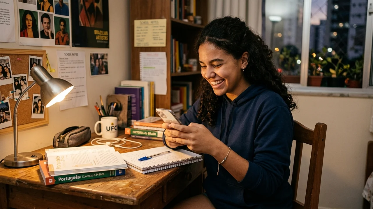 Estudante brasileira consultando o saldo da poupança social do Pé-de-Meia no aplicativo Caixa Tem em sua mesa de estudos