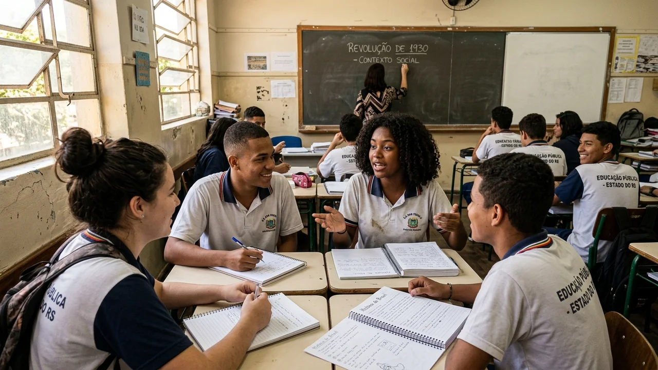 Estudantes atentos em sala de aula de escola pública mantendo frequência escolar mínima de 80% exigida pelo Pé-de-Meia