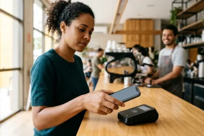 Lojista recebendo pagamento por aproximação usando maquininha no celular Tap to Pay no balcão