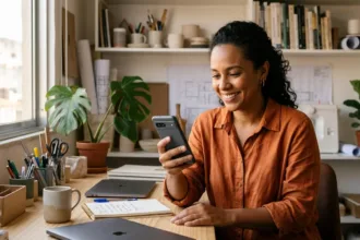 Trabalhador autônomo analisando se o Noverde empréstimo é confiável no smartphone