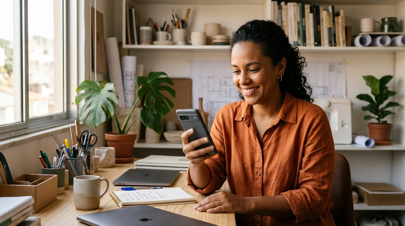 Trabalhador autônomo analisando se o Noverde empréstimo é confiável no smartphone