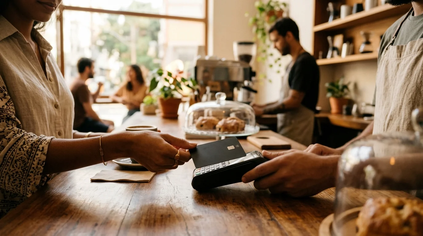 Consumidor realizando pagamento por aproximação com os melhores cartões de crédito sem anuidade em cafeteria moderna