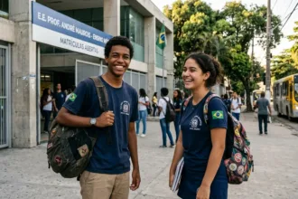 Estudantes celebrando a aprovação no programa pé-de-meia em frente à escola