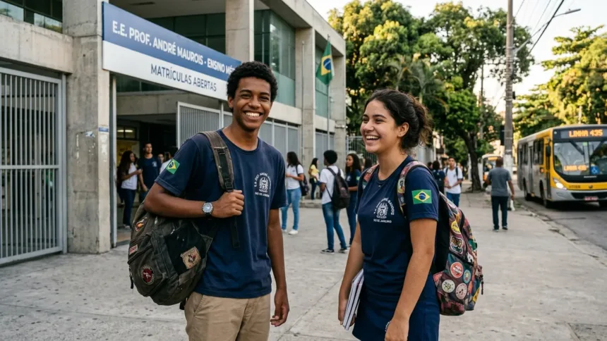 Estudantes celebrando a aprovação no programa pé-de-meia em frente à escola