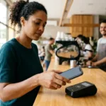 Cliente pagando compra na maquininha com o celular usando pix por aproximação em 2026