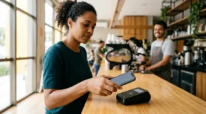 Cliente pagando compra na maquininha com o celular usando pix por aproximação em 2026