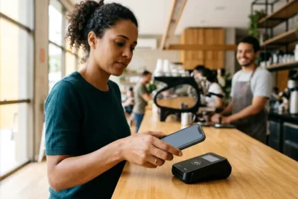 Cliente pagando compra na maquininha com o celular usando pix por aproximação em 2026
