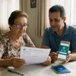 Idosa brasileira com documento de benefício e celular com aplicativo Meu INSS