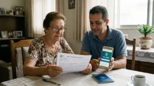 Idosa brasileira com documento de benefício e celular com aplicativo Meu INSS