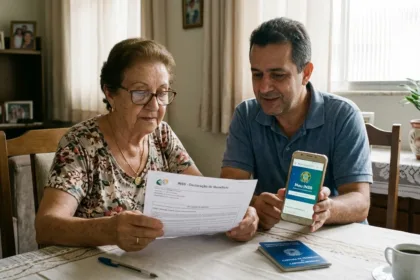 Idosa brasileira com documento de benefício e celular com aplicativo Meu INSS