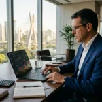 Investidor analisando quanto rende 200 mil no nubank em laptop corporativo