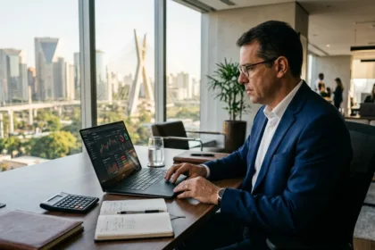 Investidor analisando quanto rende 200 mil no nubank em laptop corporativo