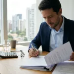 Profissional revisando contrato de empréstimo para saber se seguro prestamista é obrigatório