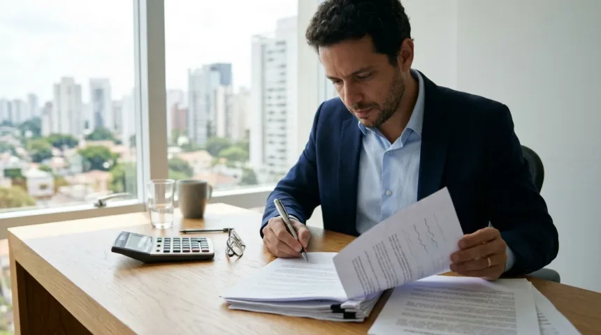 Profissional revisando contrato de empréstimo para saber se seguro prestamista é obrigatório