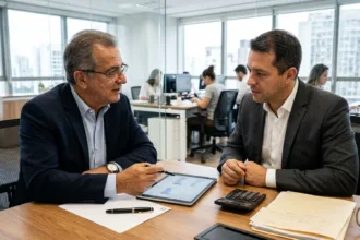Contador e empresário avaliando planejamento tributário entre simples nacional ou lucro presumido em 2026