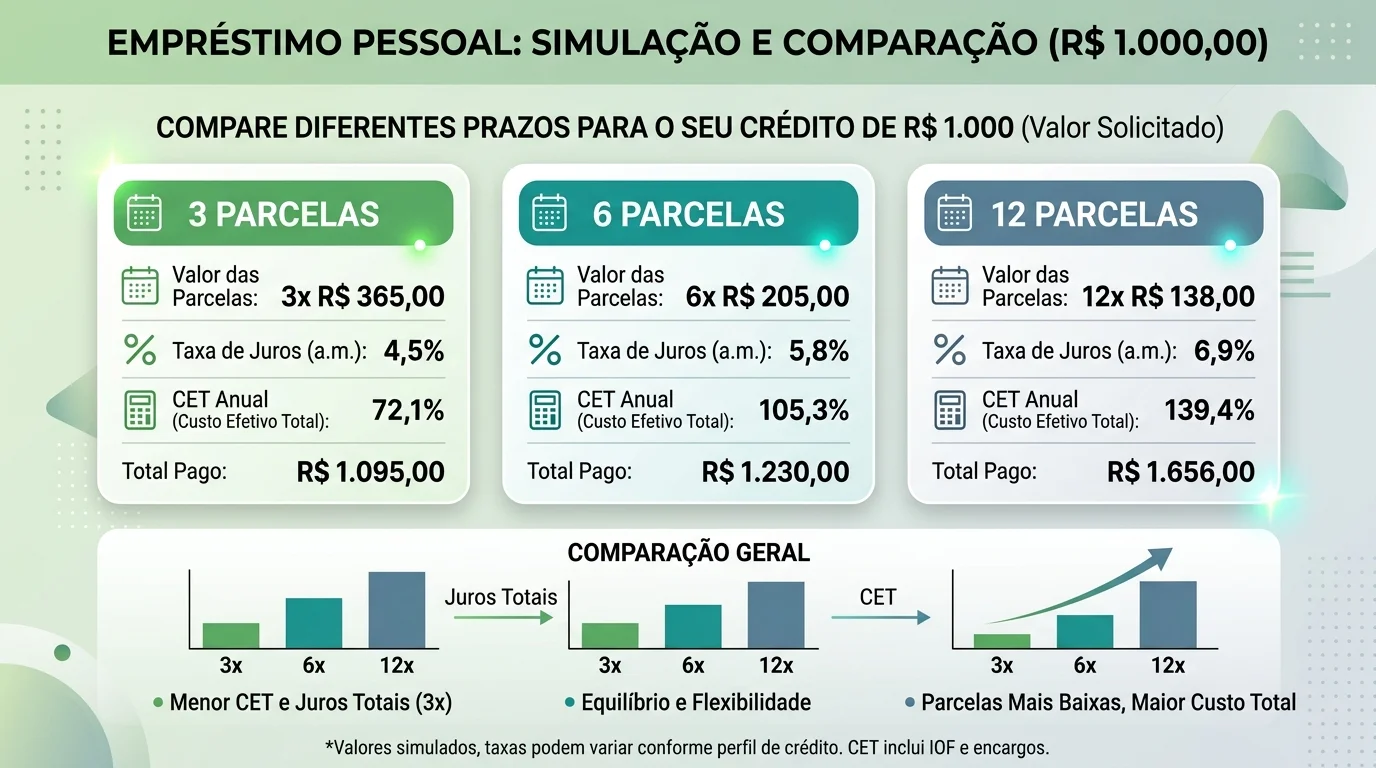 Infográfico demonstrando comparação de parcelas, juros e CET para empréstimo de 1000 reais na hora via pix em 3x, 6x e 12x