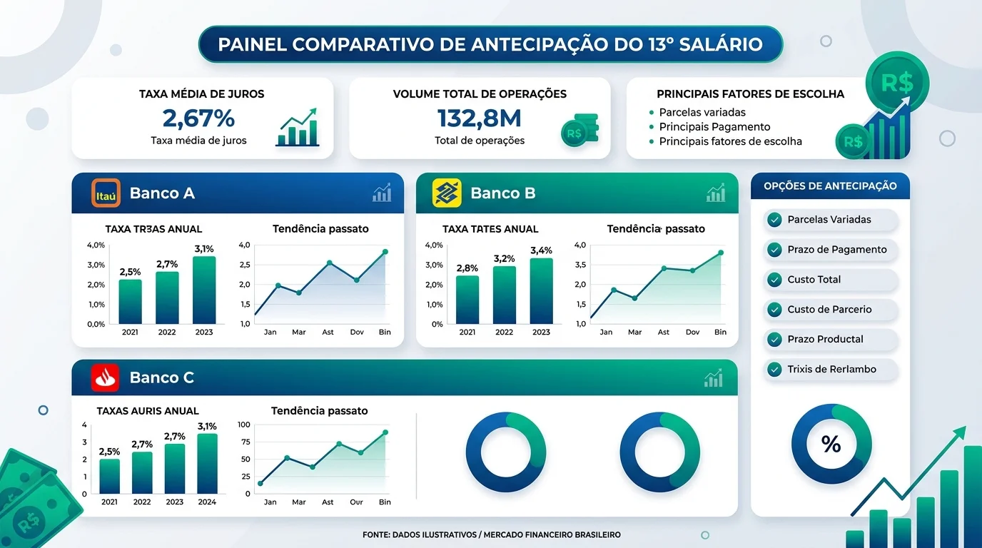 Infográfico analítico comparando taxas de juros e condições da antecipação do 13º salário empréstimo nos bancos